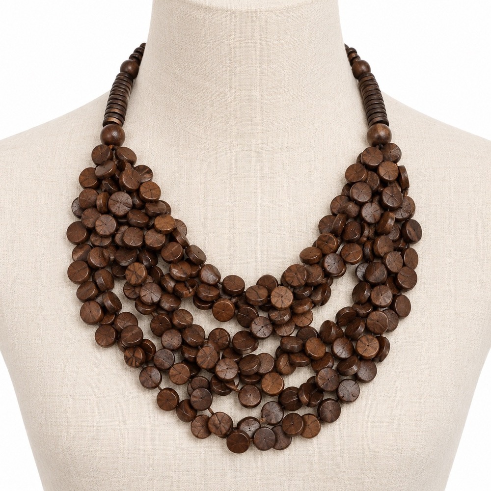 Vintage Wood Disc Multi Strand Necklace Tan Chunky Statement